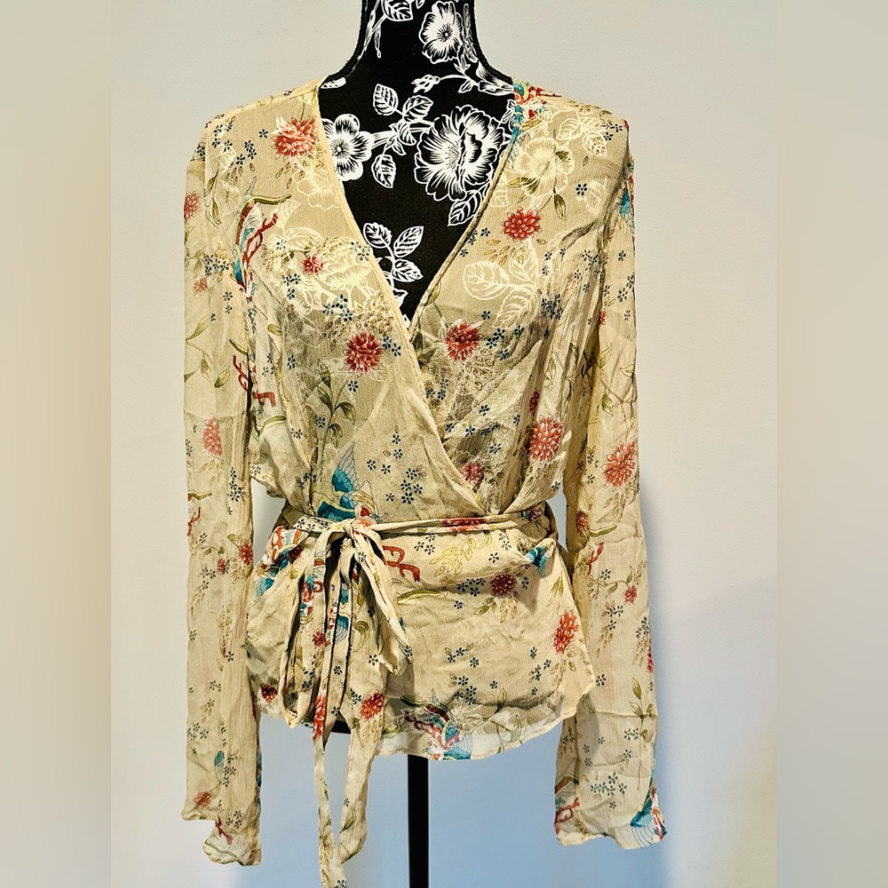 Vintage Nautica boho floral print sheer wrap blouse